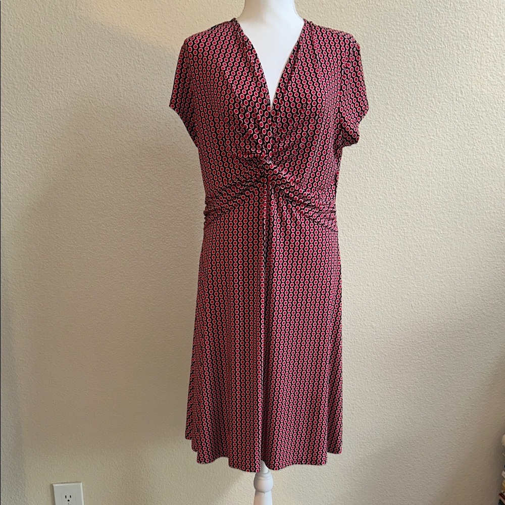 Anne Klein Red and Black Geometric Polka Dot Midi Dress Short Sleeve Sz XL